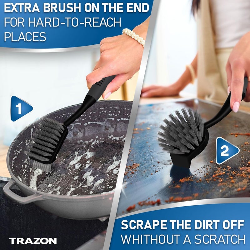 Trazon Dish Brush Set of 5 with Holder - Kitchen Scrub Brushes with Non-Slip Long Handle for Cleaning, Scrubber, Dishwashing, Dishes, Bottles, Straws, Cups, Pots & Sink, Black - Image 3